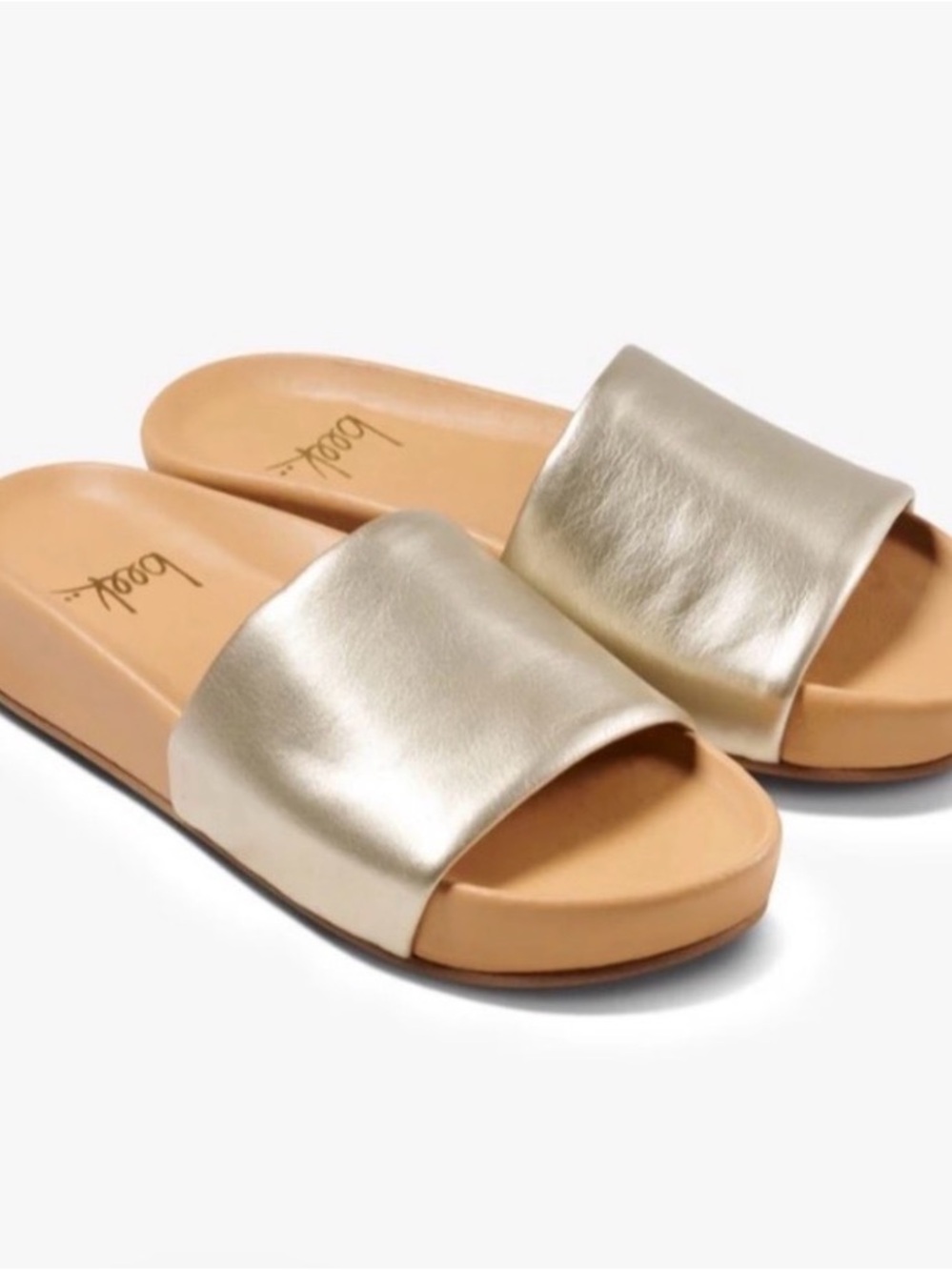 beek “Pelican” Metallic Platinum Gold Leather Slide Sandals SZ 9 EUC $280